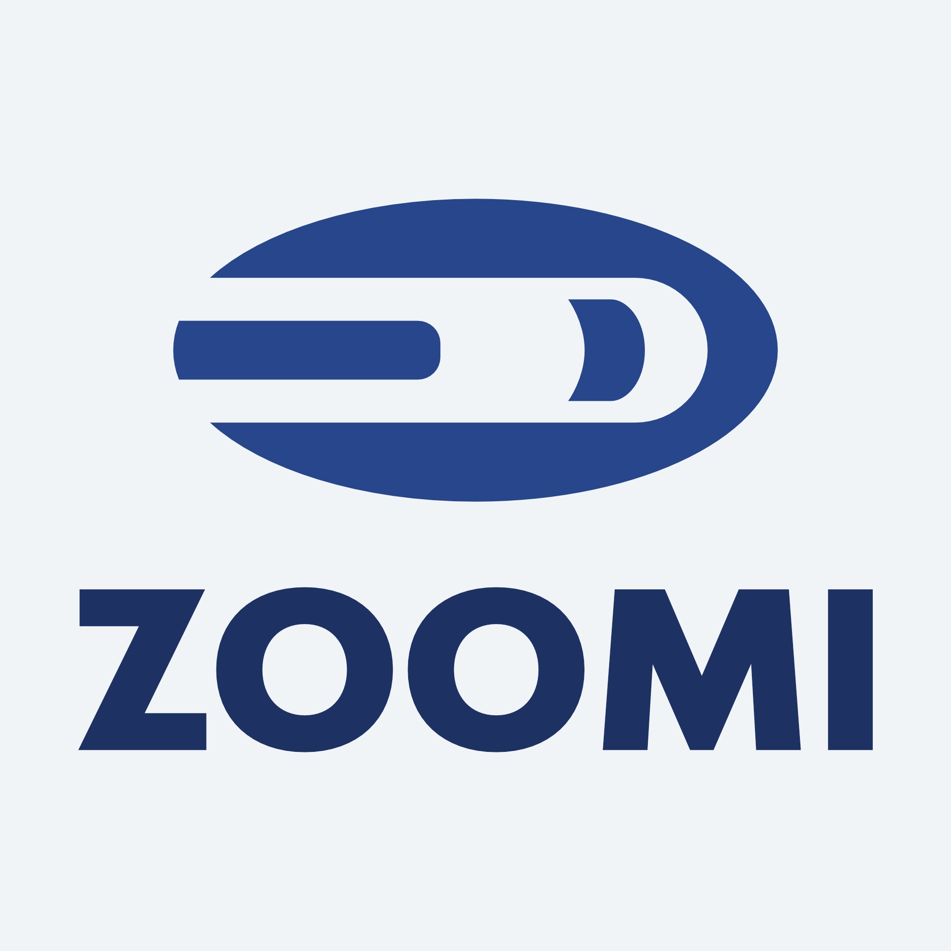 A stylized logo taking the form of a blue oval, with the negative space made to resemble a car with speed lines behind it. Under this is the word 'ZOOMI' in bold text.
